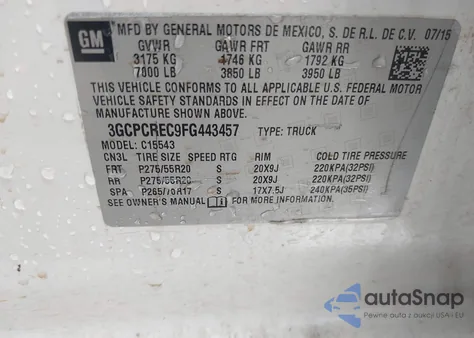 2015 Chevrolet Silverado 1500 1Lt from USA, damaged, VIN 3GCPCREC9FG443457